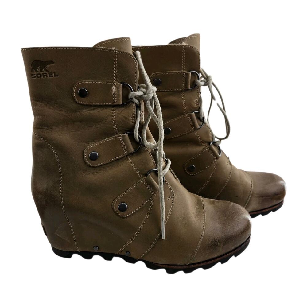 Sorel Boots Womens 9 Joan Of Artic Wedge Mid Tan Distressed Dark Fog Waterproof